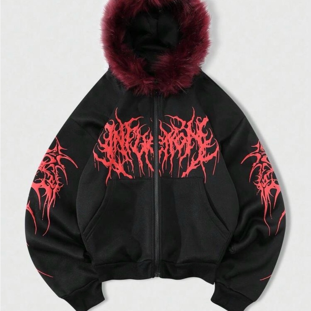 ROMWE Black Bomber Jacket with Red Design and Fur Trim